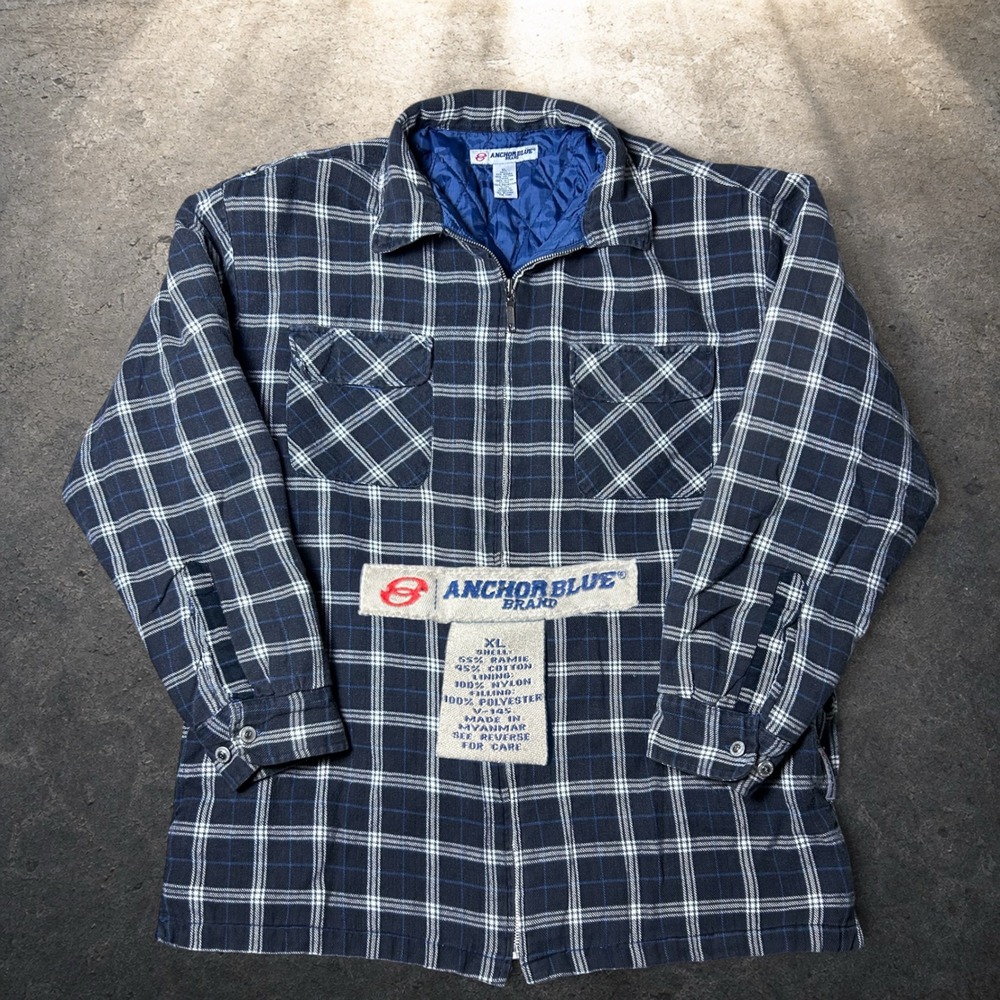 Vintage Anchor Blue Quilted Flannel Shirt Jacket Plaid Zip Up XL 90s Skater